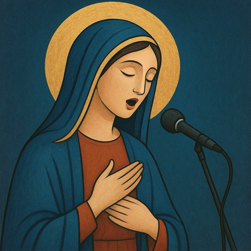 ChatGPT image of Mary singing with modern elements